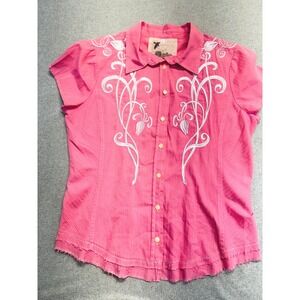 3J Workshop Pink Embroidered Button Front Blouse Womens Large Boho Cottage